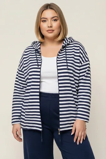 Tumši zils džemperis ar baltām jostas